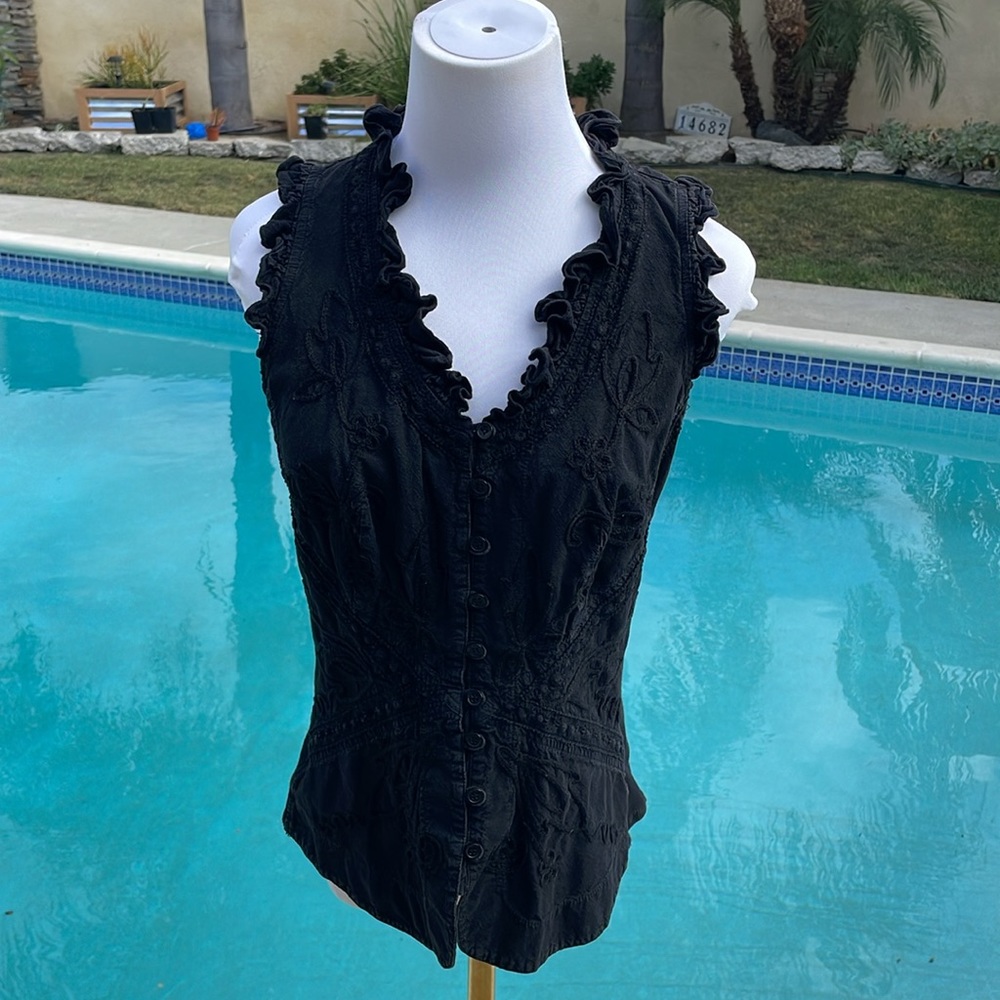 Black unique embroidered button down blouse size S